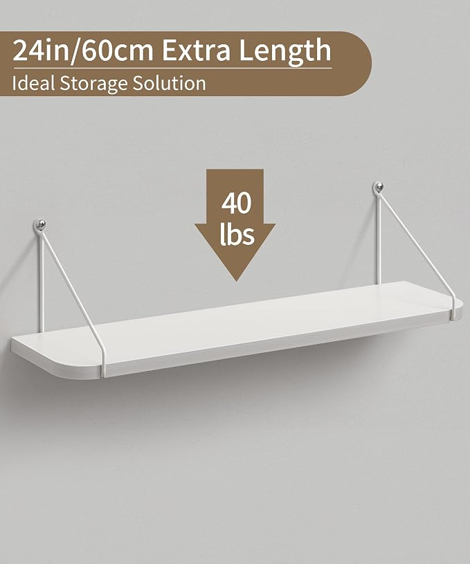 Afuly White Floating Shelves for Wall, 24in Shelf with Brackets, Set of 2 | Long Hanging Bookshelf, Plants Photos Display, Organizer Modern, for Bathroom, Kitchen, Living Room, Bedroom, Home Decor