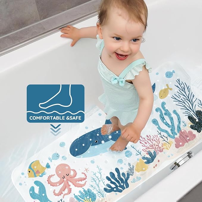 LNOND Bath Mat for Tub for Kids, Toddler Bathtub mat Non Slip, Whales and Coral Kids Bath Mats for Bathroom Non Slip with Drain Holes and Suction Cups,Machine Washable (40 X 16 Inch)