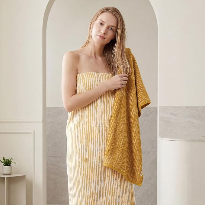 REDKISS 2 Pack Yellow Bath Towels Set, 100% Cotton Double-Sided Design | Ultra Soft, Super Absorbent, Quick Dry Bathroom Towels for Bathroom, Gym, Spa, Pool, Hotel & Family Use, 29 x 59 Inches