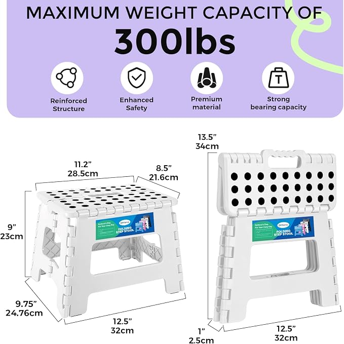 Dyforce Kids Step Stool 9 Inch, 300lbs Folding Step Stool for Toddler | Step stool White,Anti-slip Heavy Duty with Handle, Lightweight Foldable Foot Stool for Bathroom Kitchen Bedroom Outdoor