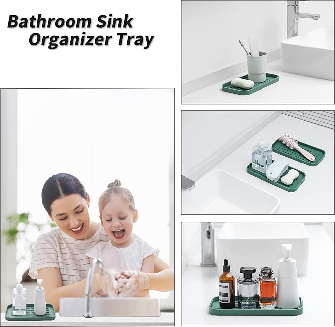 MicoYang Silicone Kitchen Sink Organizer Tray for Multiple Usage,Eco-Friendly Sponges Holder for Kitchen Bathroom Counter or Sink,Dish Soap Dispenser,Scrubber,Bottle,Cup (Green, 10"×5.3")