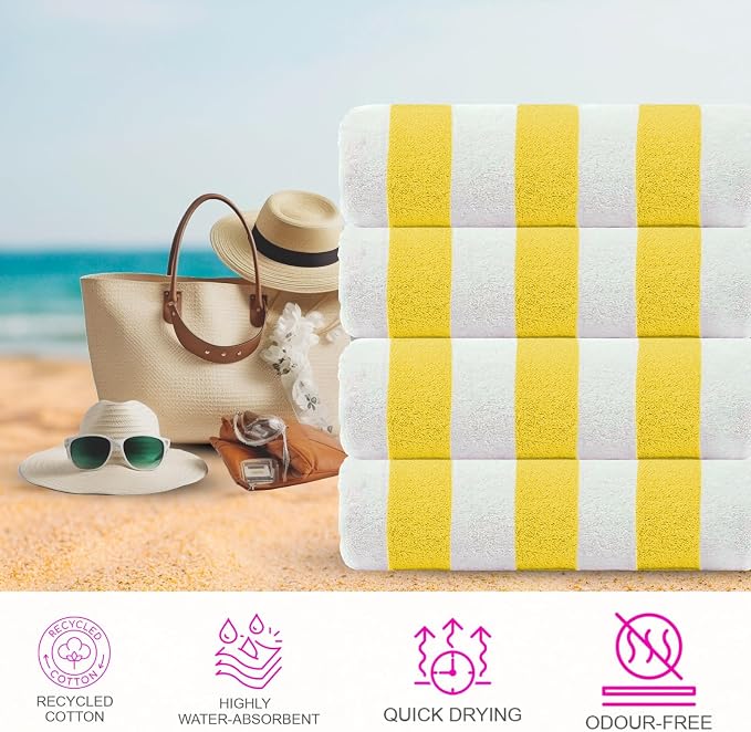 CASA COPENHAGEN Cabana Beach Towel Designed in Denmark Rough and Tough, Quick Dry, Beach, Pool, Bath & Shower 30x60 inches 4 Pieces Cotton Beach Bath Towels Set - Lemon