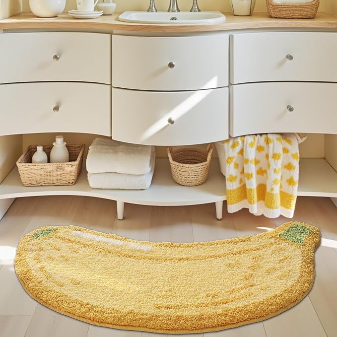 LUMI Cute Bathroom Rug, Absorbent Non Slip Bath Mat, 18.5"x39.5", Banana | Soft Plush Microfiber Runner Rug, Quick Dry, Washable Fruit Bath Mats for Shower Floor, Sink Bathtub, Bedroom, Kids Room