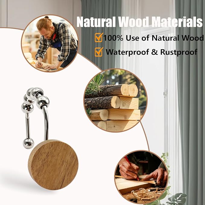 Wood Shower Curtain Hooks, Wooden Decorative Shower Curtain Rings, Modern Round Log Shower Curtain Hangers, 12PCS Shower Hooks for Shower Curtain Rod, Bathroom, Bedroom, Living Room (Silvery)