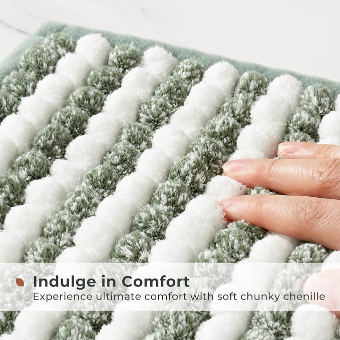 FRESHMINT Chunky Ombre Chenille Bathroom Rug, Sage Green & White, 20"x32" | Water Absorbent, Soft Bath Rugs for Bathroom Floor, Thick Non Slip, Washable Quick Dry