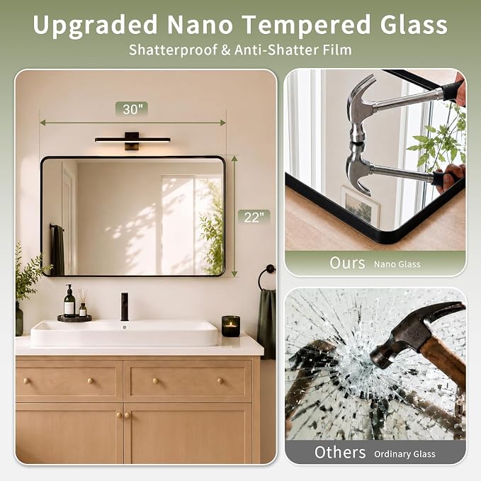 Koonmi Black Bathroom Mirror for Over Sink 22x30 inch | Wall Mirror for Bathroom Matte Rectangle Metal Deep Framed, Shatterproof Tempered Glass, Hang Vertically or Horizontally