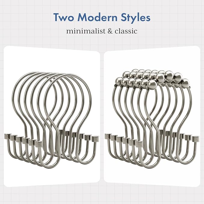 Bathway Shower Curtain Hooks, 24Pcs Nickel Shower Curtain Rings with Cylindrical Design, Metal Shower Curtain Hooks Rust Proof, Smooth Glide Double Shower Hooks Rings for Shower Curtain