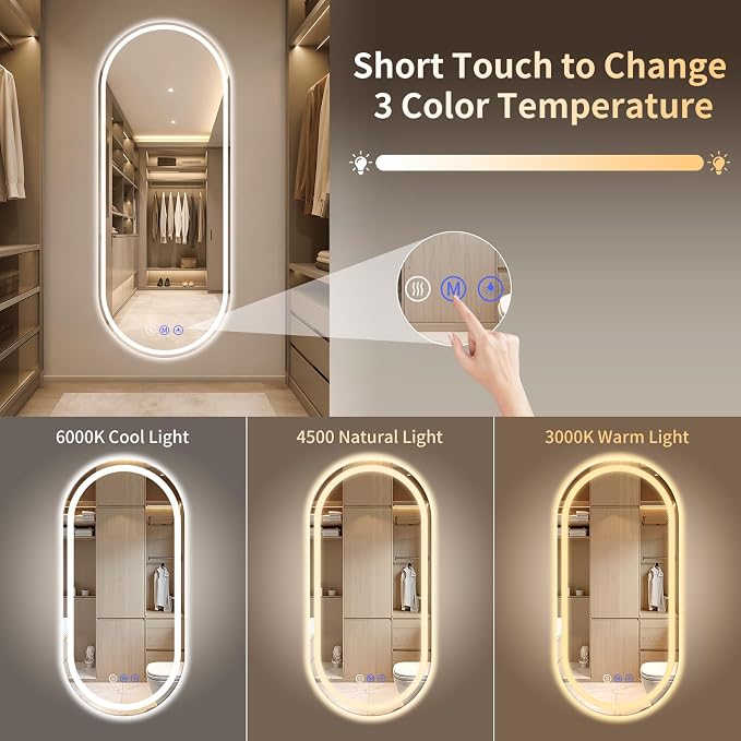 Oval LED Bathroom Mirror, 26"x 65" Led Full Length Mirror | Frameless Large LED Mirror with Front Light & Backlit, Anti-Fog, Dimmable Wall Mounted Lighted Mirror, Smart Bathroom Mirror