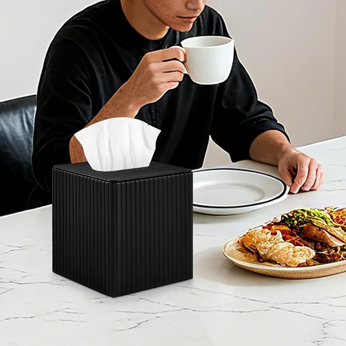 PU Leather Tissue Box Cover Square Tissue Box Holder for Bathroom Vanity Countertop Night Stands Bedroom Office Desk,Modern Tissue Decorative Organizer with Magnetic Closure (Black)