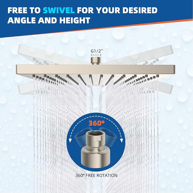 Hibbent cUPC Certified High Pressure 12'' Rain Shower Head, Brushed Nickel | Thickness Metal Showerhead, Square Large Bathroom Rainfall Shower Head, Adjustable Brass Ball, Waterfall Full Body Coverage