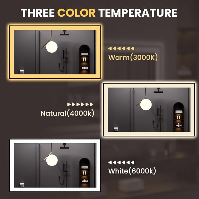 LOAAO 48"X28" LED Bathroom Mirror Black Framed | Anti-Fog, Dimmable, Memory Function, Tempered Glass, Lighted Vanity Mirror for Wall