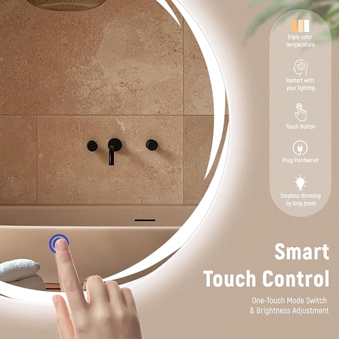 Bathroom Smart Mirrors with Three Color LED Lights,24”x24 Bath Round Mirror,Backlit + Front Lit Temperature Brightness Settings-Wall Mounted Lighted Bathroom Vanity Mirror