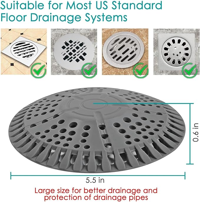 Shower Drain Hair Catcher, 5.5in Shower Hair Catcher Large Premium Silicone Drain Protector Strainer, Shower Drain Cover for Shower Room, Floor Drain, Bathroom Sink, Dark Grey