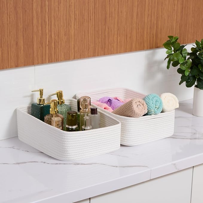 MiniArk Large Shallow Organizing Baskets 15x11x5.1 Inches - Rope Woven Storage Bins for Bathroom, Shelves, Cube Closet, Off White 2 Packs