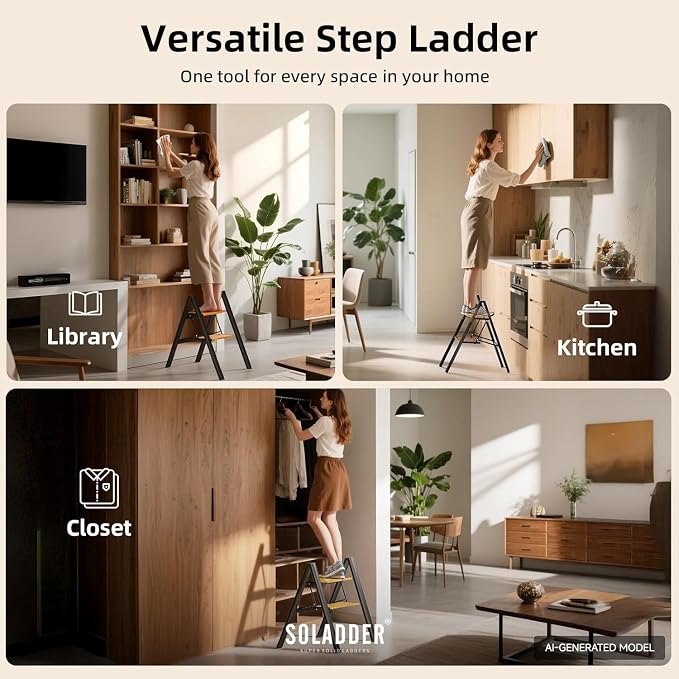 2 Step Ladder, Folding Step Stool, Black & Woodgrain | Wide Anti-Slip Steps and a Foldable, Space-Saving Design for Adults to Use in Kitchens, Closets, Library,300 lbs