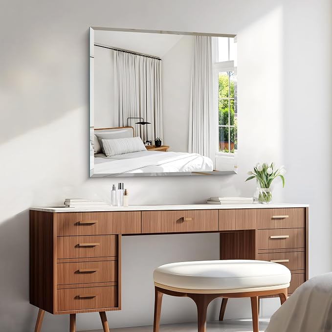 KOCUUY Beveled Mirror, 30x30 Inch Square Frameless Bathroom Mirror for Over Sink, Upgraded Shatterproof Beveled Unframed Design Mirror for Bathroom, Bedroom, Entryway, Hang Horizontal/Vertical