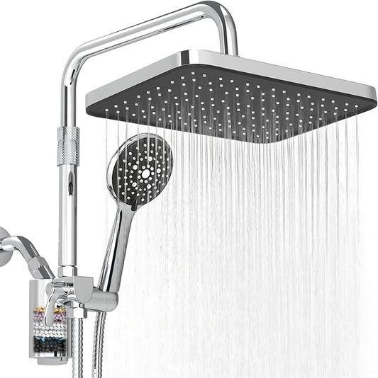 12 Inch Shower Head with Filters Rain Shower Head with Handheld Spray Combo | Filtered Shower Heads with Handheld,High Pressure Rainfall Dual Showerhead,Adjust Height and Angle of Extension Arm,Chrome