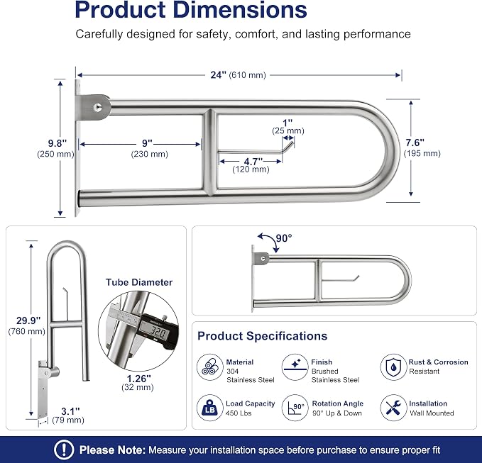 24 Inch Toilet Grab Bar with Paper Holder, Flip Up Handrail | Brushed 304 Stainless Steel | Wall mount | 1.25 inch grip | Space saving fold up design | Template & hardware included