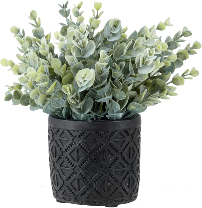 MyGift Black Artificial Eucalyptus Plant Gray Concrete Embossed Planter | Lifelike Leaves, Maintenance Free Accent, Contemporary Styling, Compact Décor, Natural Appearance, Easy Placement