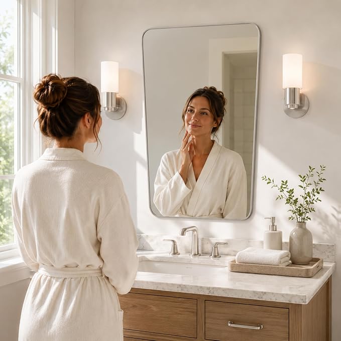 Brushed Nickel Rounded Rectangle Bathroom Mirror, 24x36 Inch | Aluminum alloy frame, soft trapezoid shape, tempered glass, reversible vertical keyhole mount