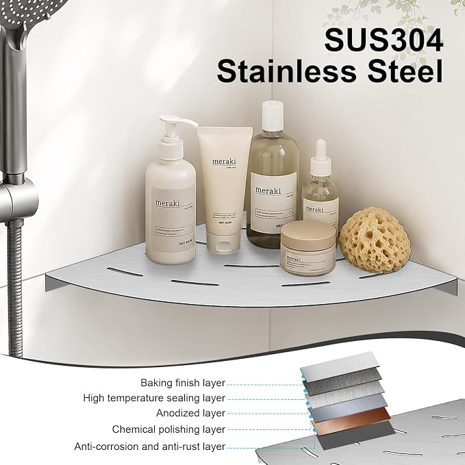 soaez Brushed Nickel Corner Shower Shelf, SUS304 Stainless Steel Bathroom Shower Shelves Prevent Rust Drilling Installation (8", 2Pack)