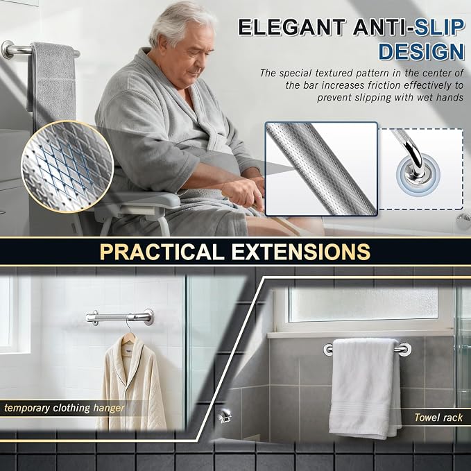 supregear Bathroom Grab Bar Rail, 304 Stainless Steel Non-Slip Bathroom Handle, Safety Handle, Indoor/Outdoor Auxiliary Handle for Kitchen Bedroom Bathtub, Shower and Steps, 10 inch