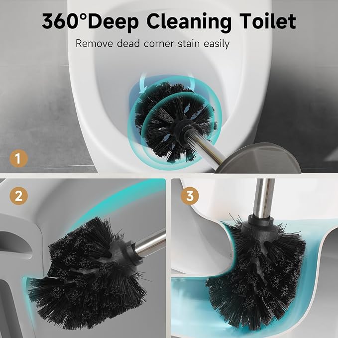 Pewter Toilet Brush and Holder，Extra Long Handled Toilet Brush for Bathroom，Stainless Steel Heavy Duty Toilet Bowl Brush,Deep Cleaning Modern Toilet Cleaner Brush -Space Saving, Covered Brush