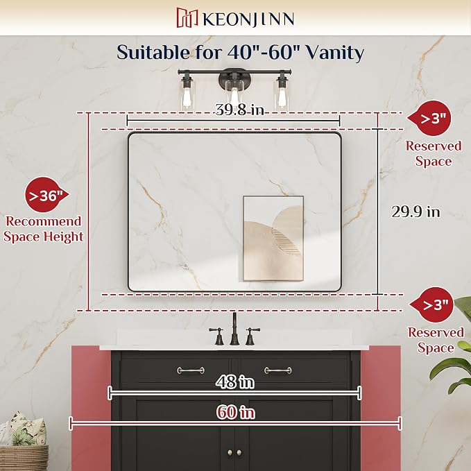 Keonjinn 40 x 30 Inch Black Bathroom Mirrors for Over Sink, Tempered Glass | Sandblasted Finish, Matte Black Vanity Mirror, Anti-Rust, Seamless Aluminum Frame, Rounded Rectangle, French Cleat Mount