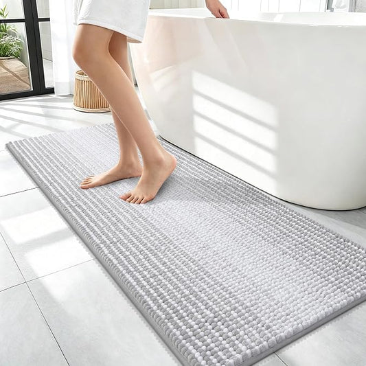 OLANLY Bathroom Runner Rugs 47x17, Chenille Striped Bath Rugs, Light Grey | Extra Soft Absorbent, Rubber Backing, Machine Wash Dry, Bath Mats for Bathroom Floor, Tub and Shower, Home Decor Accessories