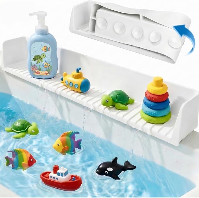 Bathtub Splash Guard for Tub Kids, Silicone Bath Toy Holder & Tub Side Tray with Suction Cups, Bath Tub Shelf for Kids, Bathtub Toy Storage, White