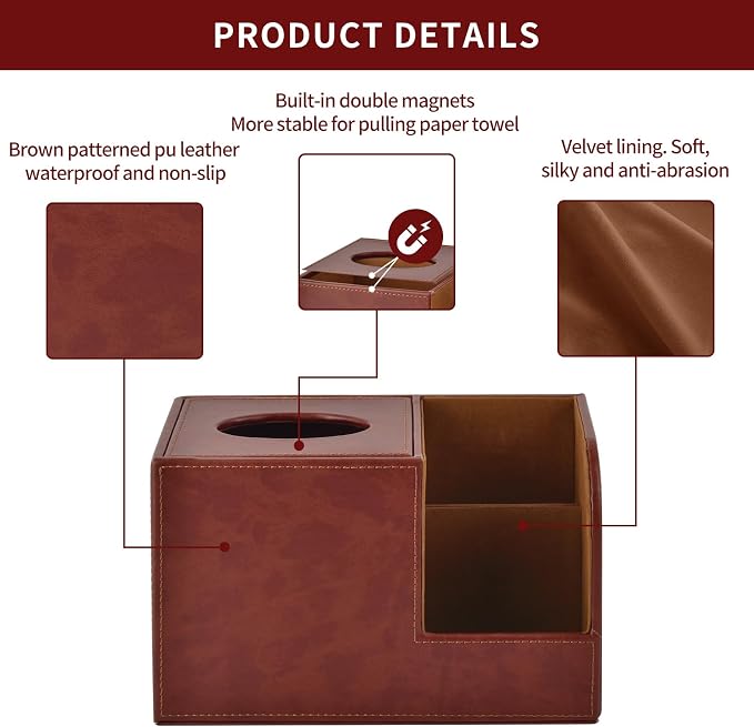 PU Leather Square Tissue Box Cover,Multifunctional Tissue Box Holder,Tissue Box with Storage,Tissue and Remote Control Holder,Tissue Box Decorative Desk Organizer for Home&Office,Brown