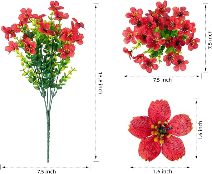 Artificial Flowers for Outdoor Indoor Garden Home Decoration, Faux Flower Daisy with Eucalyptus Leaves Fake Plants Greenery Boxwood Porch Patio, 12 Bundles (Red)
