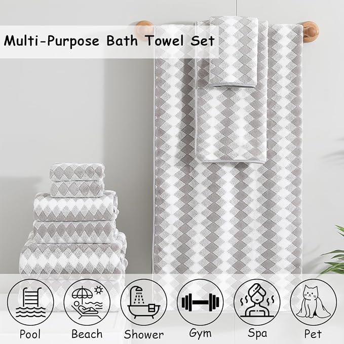 12 Pcs Light Gray Diamond Towel Set-4 Bath Towels,4 Hand Towels,4 Washcloths Soft Polyester Towels with Loop Absorbent Shower Towel Quick Dry Beach Chair Towel Family Towels for Bathroom Spa Gym Pool