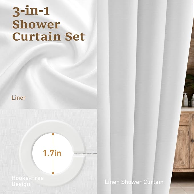 60x75 Ringless Linen Textured Shower Curtain with Snap in Liner, White | Small Size, 3 in 1 Shower Curtain Set, Removable Liner, Waterproof & Washable, Mesh Top Window, Durable Fabric, Easy Setup
