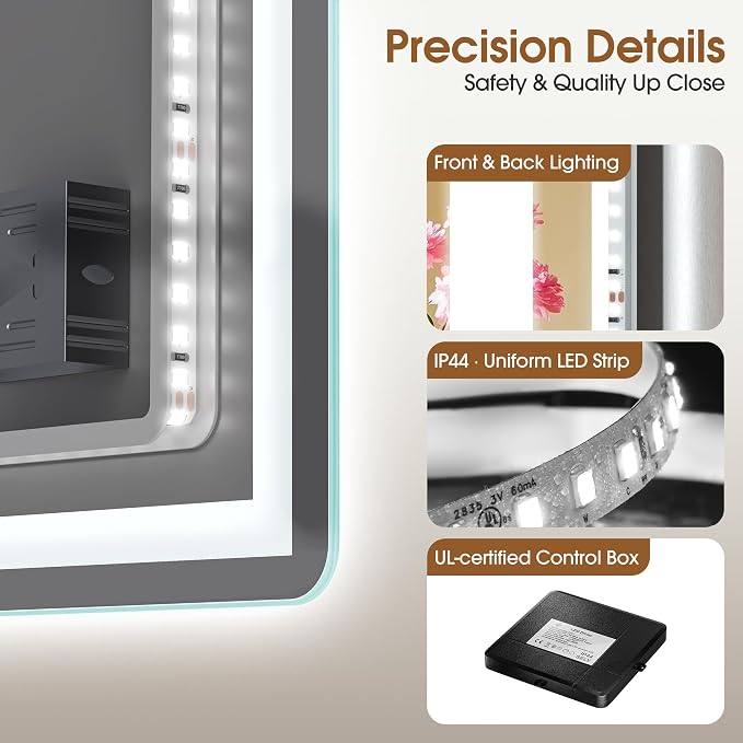 STARLEAD 28"x36" LED Bathroom Mirror with Built-in Clock, Dimmable Lighting, 3 Color Temperature, Anti-Fog, Touch Control Wall Mounted Vanity Mirror