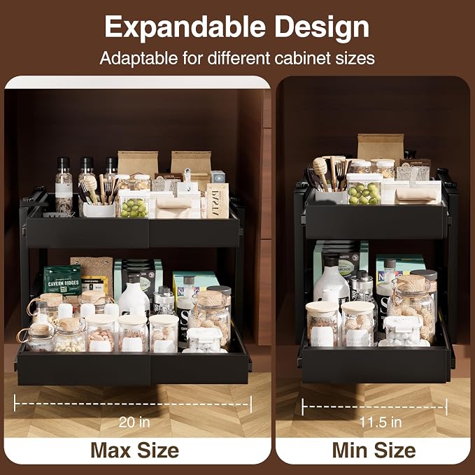 2-Tier Expandable Pull Out Cabinet Organizer, Heavy Duty Adjustable Width Metal Slide Out Shelf, No Screw Cabinet Storage Rack for Kitchen Bathroom 17in Depth Cabinet（Black）