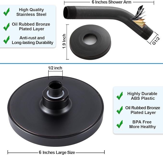 6" Rain Shower Head & 6" Shower Arm, Luxe Oil Rubbed Bronze Finish | High Pressure 6 Inch Fixed Showerhead, Adjustable Replacement, 90 Nozzles, Removable Restrictor, Tool-Free Easy to Install