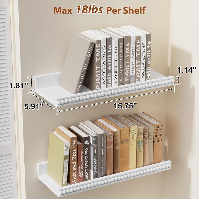 Alsonerbay 15.7 Inch Floating Shelves with Wooden Beads 2 Pack, White | Wall mounted shelves with lip, kids book ledge, boho wall decor for bathroom bedroom living room nursery baby room