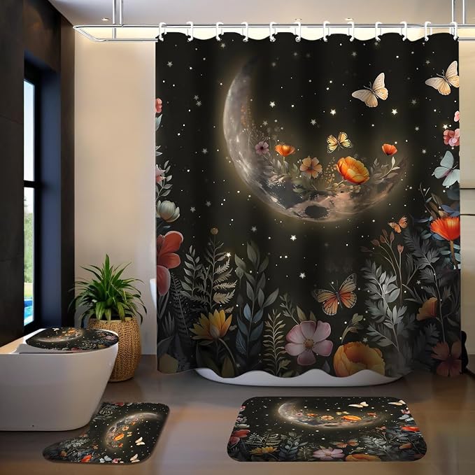 LQCOOL Shower Curtain Set 4 Pcs Black Moon Bathroom Sets with Shower Curtain and Rugs Bathroom Decor Set with 12 Hooks