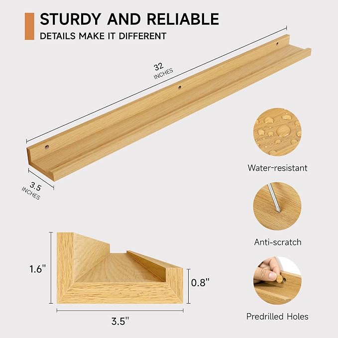 Fun Memories Picture Ledge Shelf, 32 Inch Floating Shelves Set of 2, Large Nursery Book Shelves for Toys Storage, Kids Bookshelf Wall Mounted for Wall Decor Books Photo Frames, Oak
