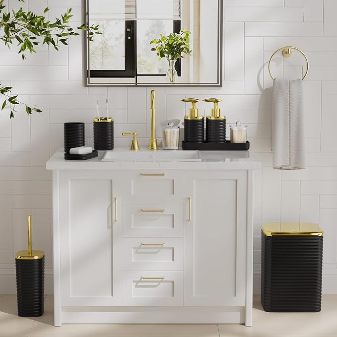 Bathroom Set - 10PC Bathroom Accessory Set, Black Bathroom Set, Luxury Bathroom Accessories Set, Trash Can, Toilet Brush, Soap Dish, Qtip Holder & Soap Dispenser