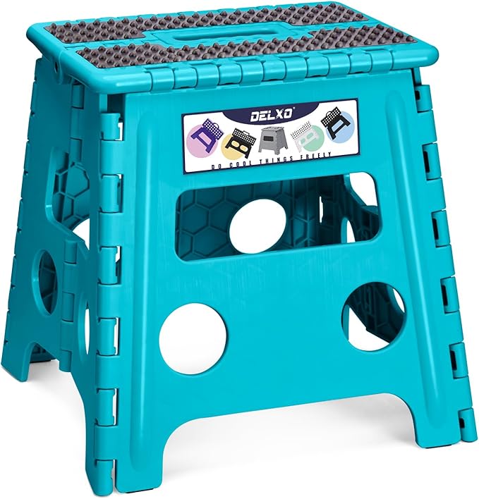 Delxo Folding Step Stool 13 Inch,300 Lbs Step Stool for Adults Blue | Foldable Step Stool 13",Non-Slip Foot Stools with Handle,Lightweight Collapsible stools for Kitchen,Bathroom,Bedroom,Garden