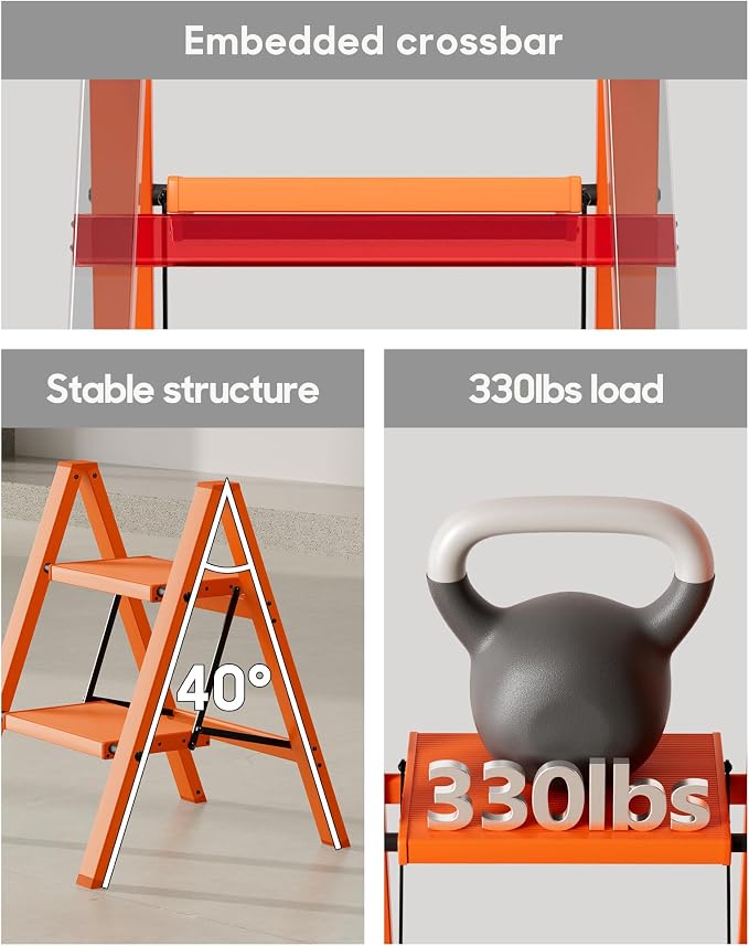 HillhutApex Aluminum Step Stool Foldable,2 Step Ladder (Orange) | Lightweight Portable step ladder with Anti-Slip Wide Pedal,330lbs Capacity Ladder for Household,Office,Kitchen