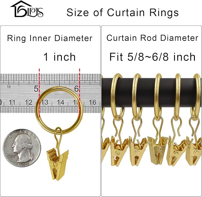 LLPJS 44 Pack Curtain Rings with Clips, Curtain Clip Rings Hooks, Bow Hanger Clips for Hanging Drapery Drapes Bows, Ring 1 inch Interior Diameter, Fits up to 5/8" Rod, Gold