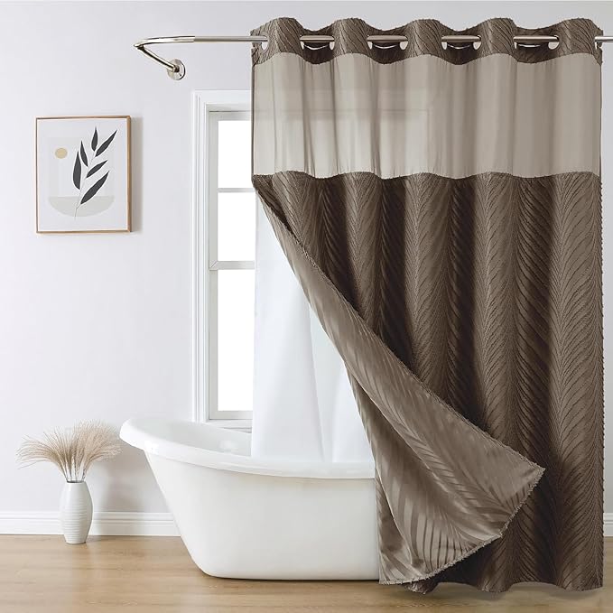 eachope no Hook Shower Curtain and Liner Set，Boho Style with See Through Top Window, Brown Fabric Tufted Striped Textured Outer Curtain & Waterproof Inner Liner, Brown, 71Wx80H