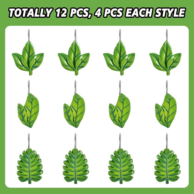 12-Piece Green Leaves Leaf Shower Curtain Hooks for Bathroom | Decorative Shower Curtain Hooks, Stainless Steel Shower Hangers Rings