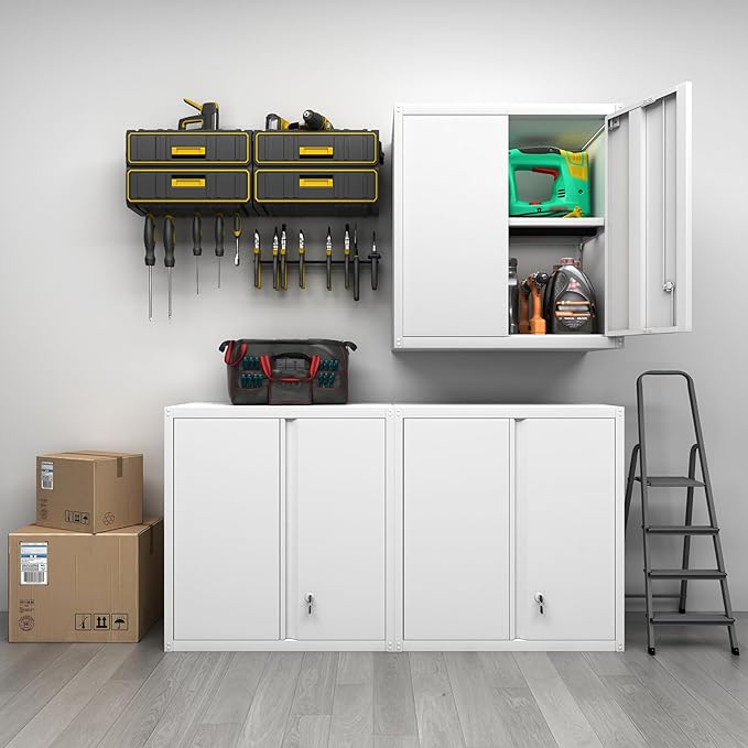 GREATMEET Locking Metal Wall Cabinet, Metal Storage Cabinet with 2 Shelves, Wall Mount Cabinet with Lock, Floating Garage Cabinets with Adjustable Shelf