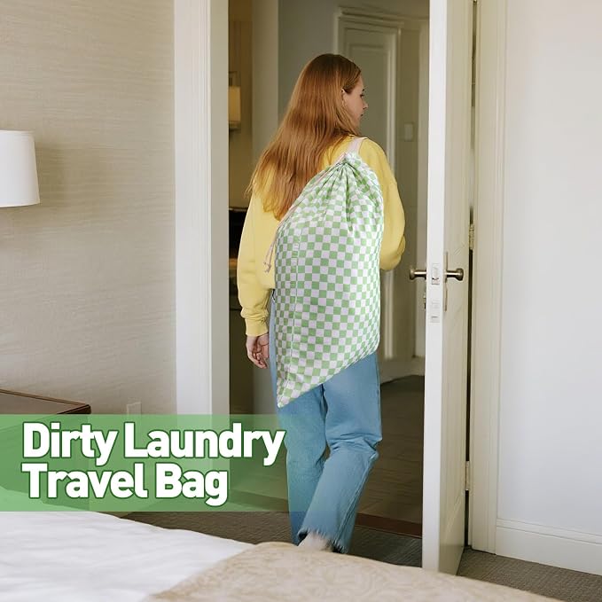 Laundry Bag Backpack for Dorm & Travel, 29 x 18" Large Dirty Bag | Cute Green Checkered College Clothes Pouch with Straps and Handles. Ideal for Apartment, Camp and Portable Bag for Laundromat