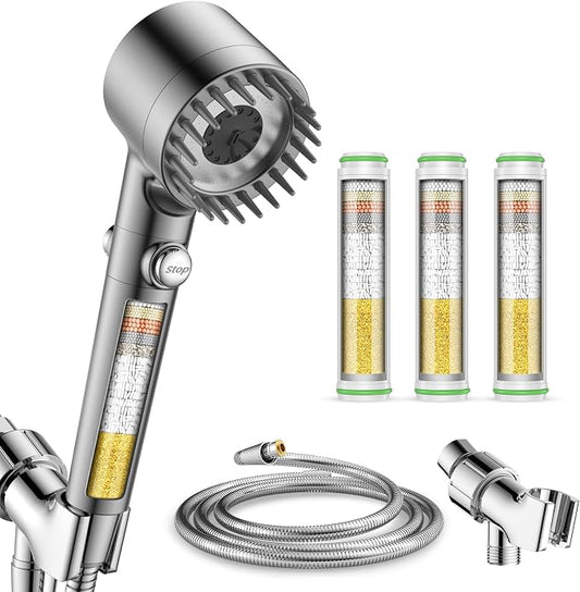 Filtered Shower Head with Handheld 3PCS Filters ShowerHead | High Pressure 4 Spray Shower Heads with ON/OFF Button, Water Softener for Hard Water, 59" Hose, Remove Chlorine