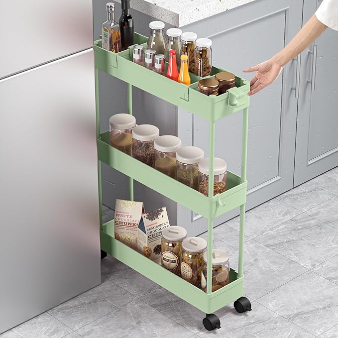 Slim Storage Cart 3 Tier,Bathroom Organizer Rolling Utility,Mobile Shelving Unit Slide Out for Office, Kitchen, Laundry Room & Narrow Places，Green